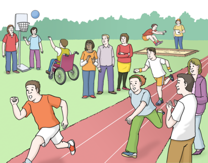 Auf einem Sportplatz wird gesprungen, gelaufen und Basketball gespielt. Menschen mit und ohne Behinderung treiben zusammen Sport und freuen sich. 