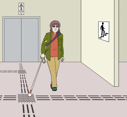 Eine blinde Person orientiert sich mit ihrem Blindenstock an einem Leitsystem auf dem Boden. Im Hintergrund ist ein Aufzug zu sehen.